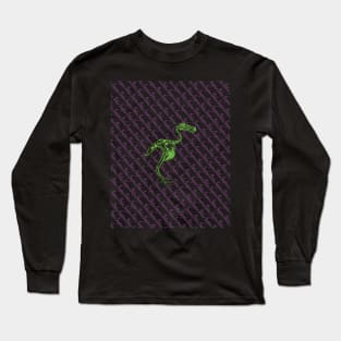 Didus Ineptus Dodo Skeleton from old science book Bright green and purple 80's colors Long Sleeve T-Shirt